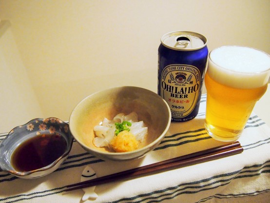 「OH!LA!HOビール ケルシュ」と「ヒラメのお造り」