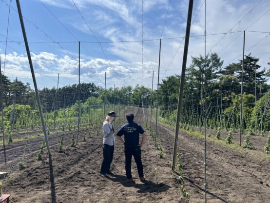 ホップを植え終わった後、静かに畑を見守る中里さん（左）と新井さん（右）